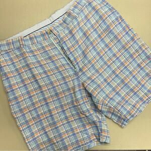 Peter Millar Shorts 100% Linen Checkered Blue Orange White Mens Size 36